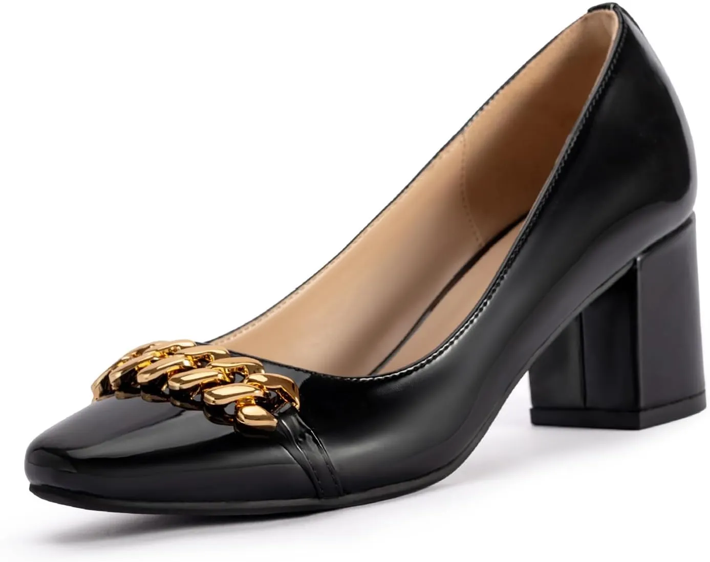 AUNTHUI Women's Patent Leather High Heel Dress Shoes,Slip On Fashion Metal Chain Closed-Toe Business Office Pumps