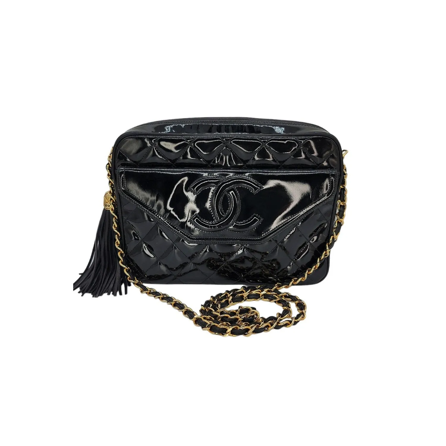 Chanel 90s Quilted Patent Timeless Camera Tassel Crossbody