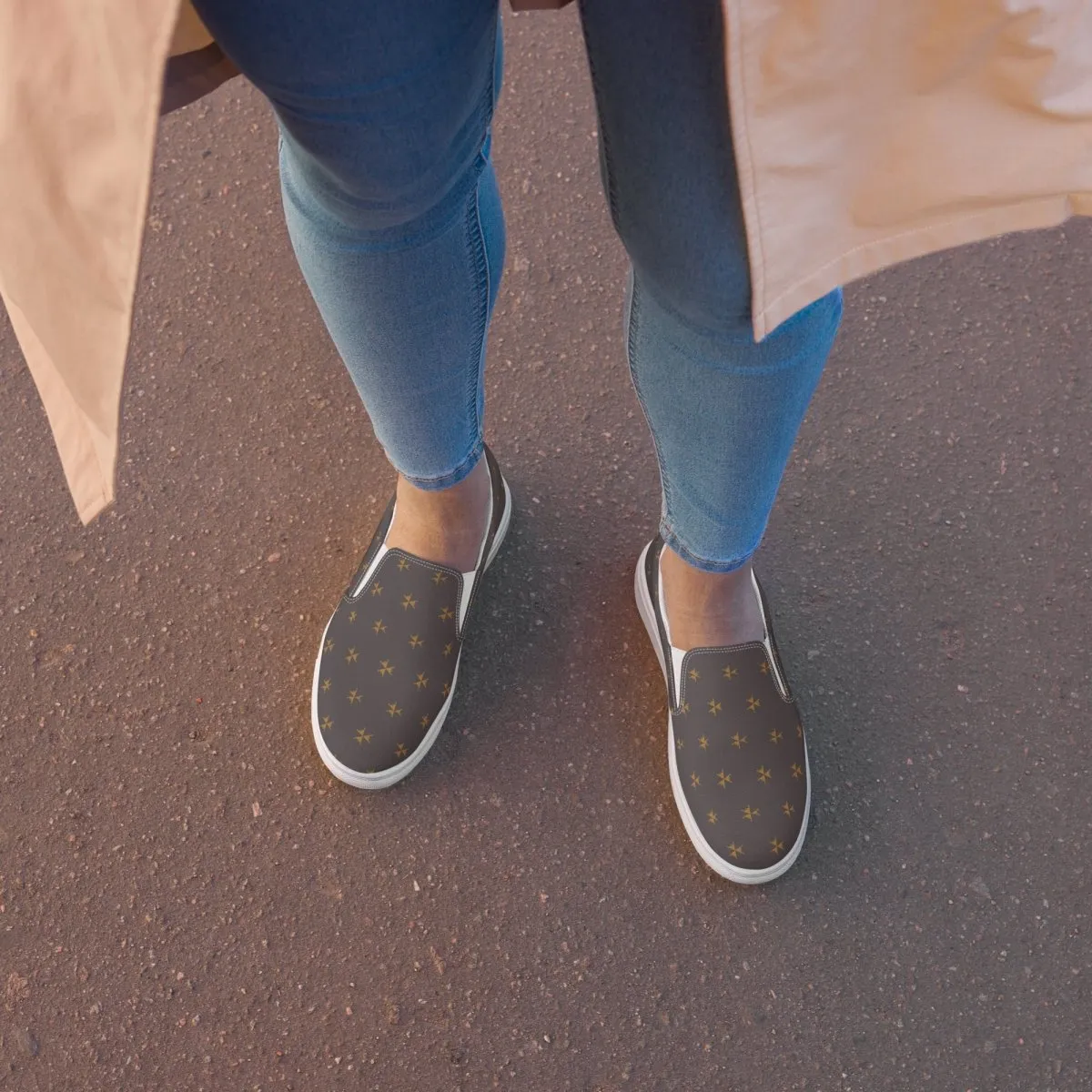 Dark Gray Abstract Ladies Slip-On Canvas Shoes - Comfortable Everyday Wear