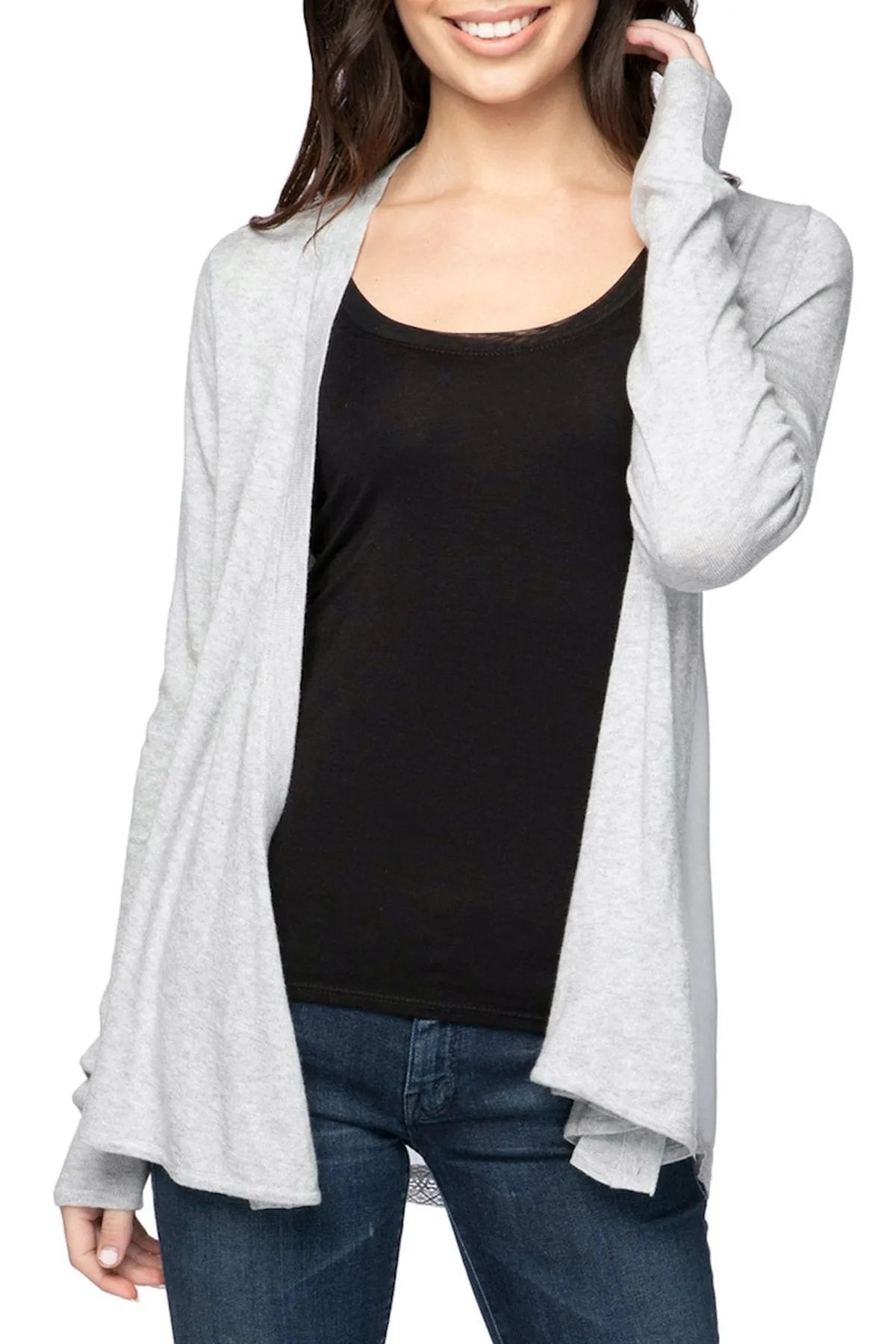 Effortless Chiffon Panel Back Sweater Knit Cardigan