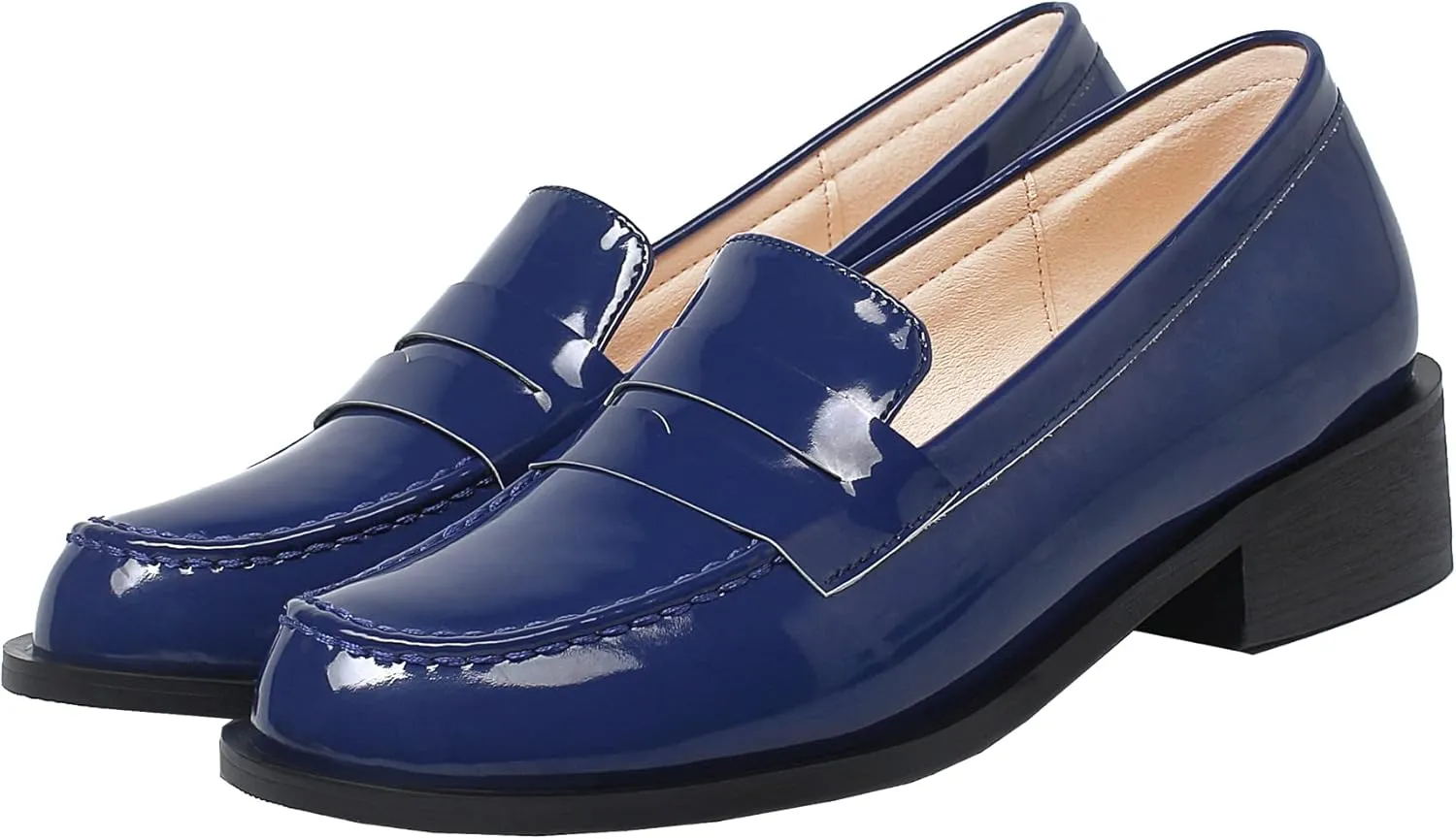 Elbslutt Women's Patent Leather Loafers Low Chunky Heel Slip On Pumps Round Toe Casual Work Office Dressy Shoes, Size 8.5, Navy Blue