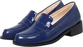 Elbslutt Women's Patent Leather Loafers Low Chunky Heel Slip On Pumps Round Toe Casual Work Office Dressy Shoes, Size 8.5, Navy Blue