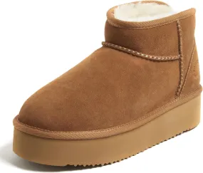 Fireside by Dearfoams Women's Riverland Shearling Fur Lined Mini Ankle Boot with Platform Slipper