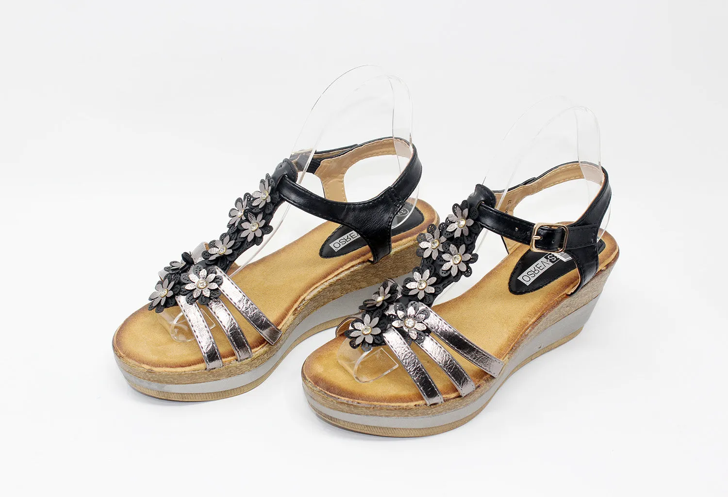Floral Detail Black Wedge Sandal