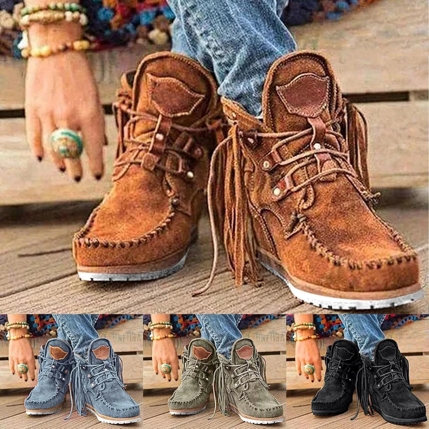 Gibobby Ankle Booties for Women Low Heel,Womens Ankle Boots Pointed Toe Faux Stacked Chunky Heels Tassels Side Zipper Booties