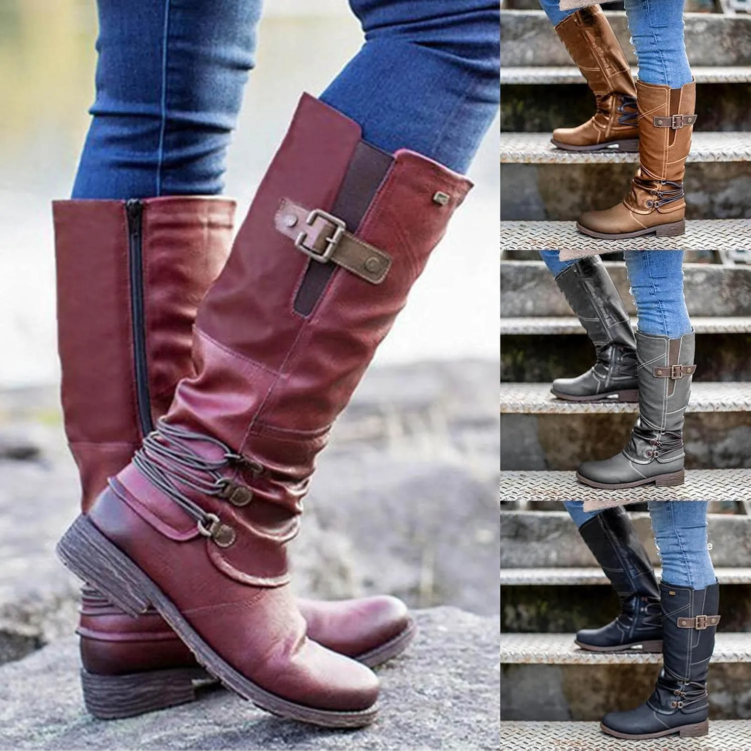 Gibobby Boots for Women,Women's Low Heel Mid Calf Boots Retro Side Zipper Knight Boots Comfy Combat Style Fall Warm Outdoor Western Shoes