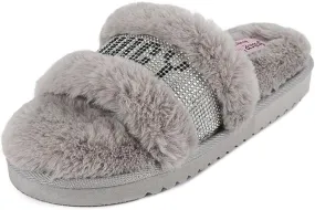 Juicy Couture Women's Luxe Faux Fur Slide Slippers with Embellished Strap, Cozy Indoor/Outdoor Fuzzy Slip-On Sandals