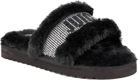 Juicy Couture Women's Luxe Faux Fur Slide Slippers with Embellished Strap, Cozy Indoor/Outdoor Fuzzy Slip-On Sandals