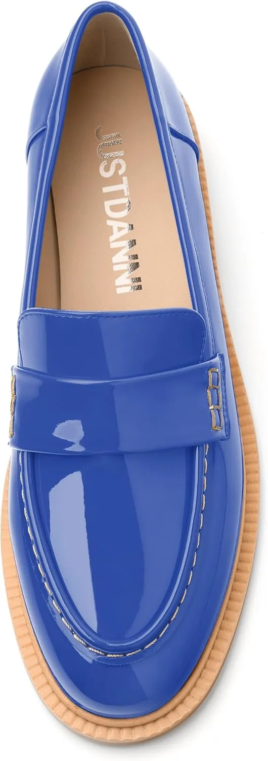 JUSTDANNI Loafers for Women Slip On Shoes with Round Toe 1.2-Inch Low Chunky Block Heel Patent Comfortable Casual Dress Pump Shoes for Wedding Party Work Shopping Dating