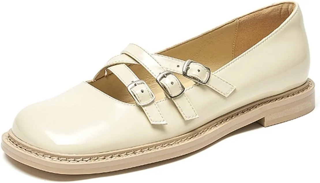 Loafers for Women Women’s Square Toe Patent Leather Flats with Triple Metal Straps Stylish Summer Outdoor Shoes for Girls