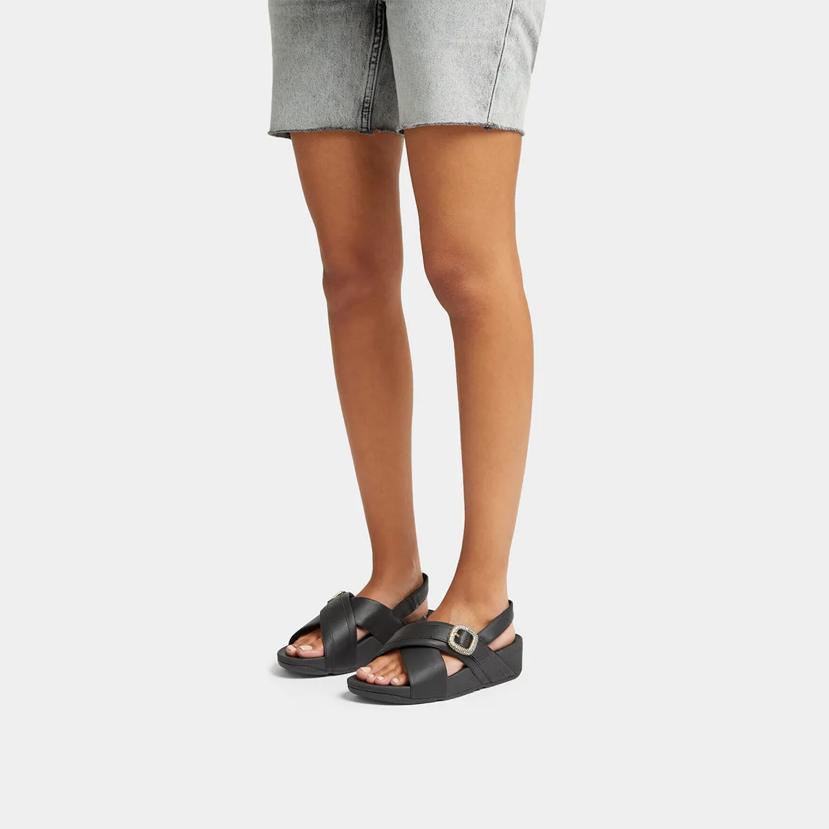 LULU Crystal-Buckle Leather Back-Strap Sandals