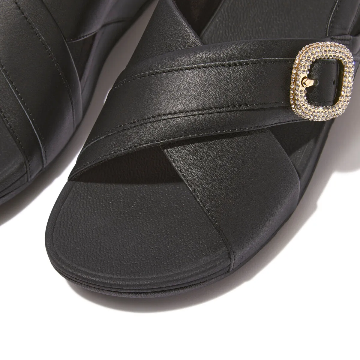LULU Crystal-Buckle Leather Back-Strap Sandals