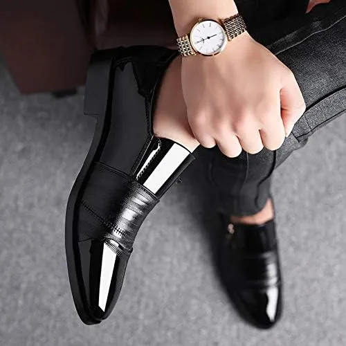 Men's Dress Shoes Patent Leather Loafers Pointed Zipper Oxford Formal Business Tuxedo Shoes
