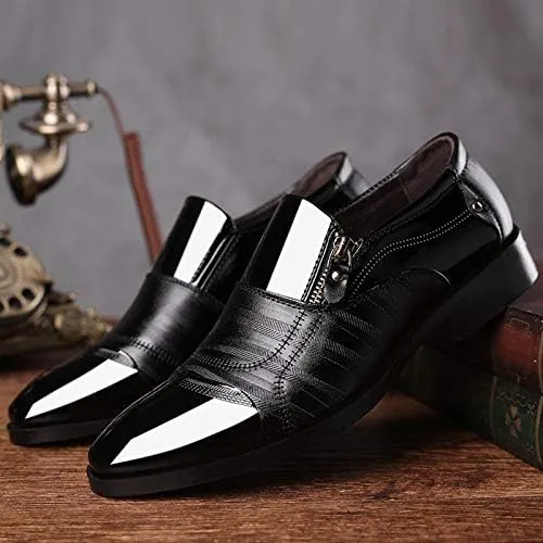 Men's Dress Shoes Patent Leather Loafers Pointed Zipper Oxford Formal Business Tuxedo Shoes