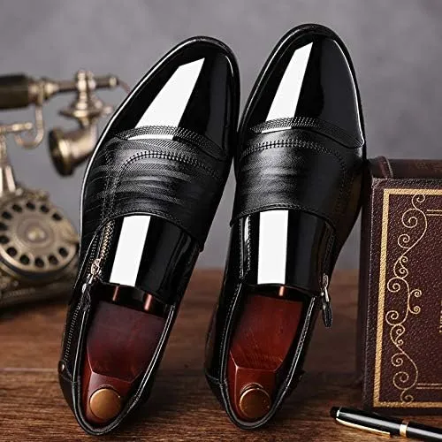 Men's Dress Shoes Patent Leather Loafers Pointed Zipper Oxford Formal Business Tuxedo Shoes