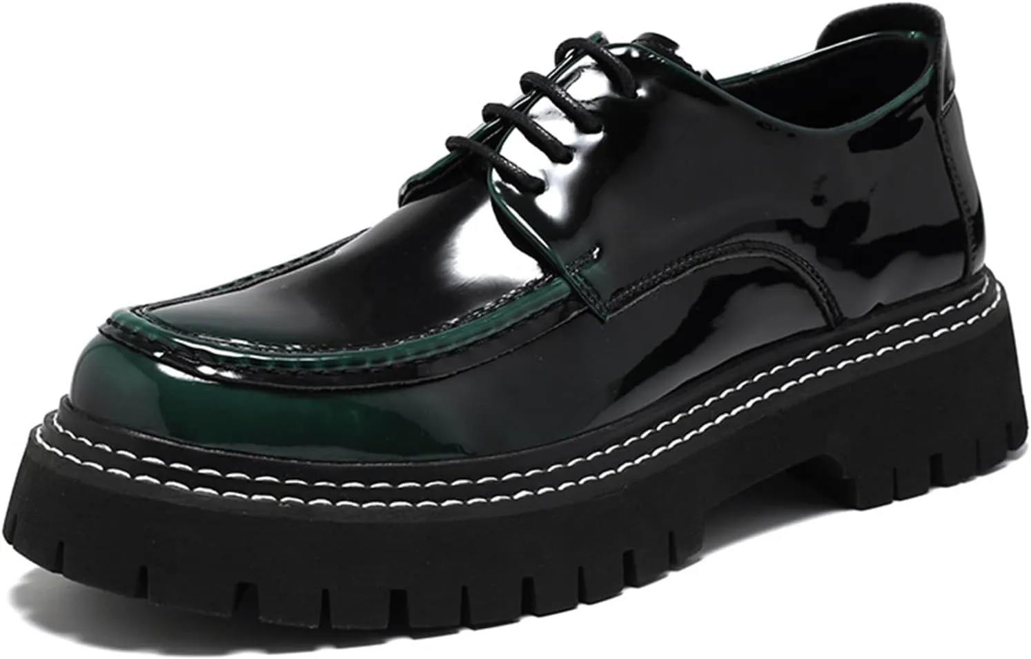Men's Patent Leather Classic Loafers Round Toe Lug Sole Non-Slip Lace-Up Business Leather Shoes Fashionable Work Formal Oxford Shoes