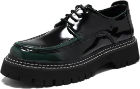 Men's Patent Leather Classic Loafers Round Toe Lug Sole Non-Slip Lace-Up Business Leather Shoes Fashionable Work Formal Oxford Shoes