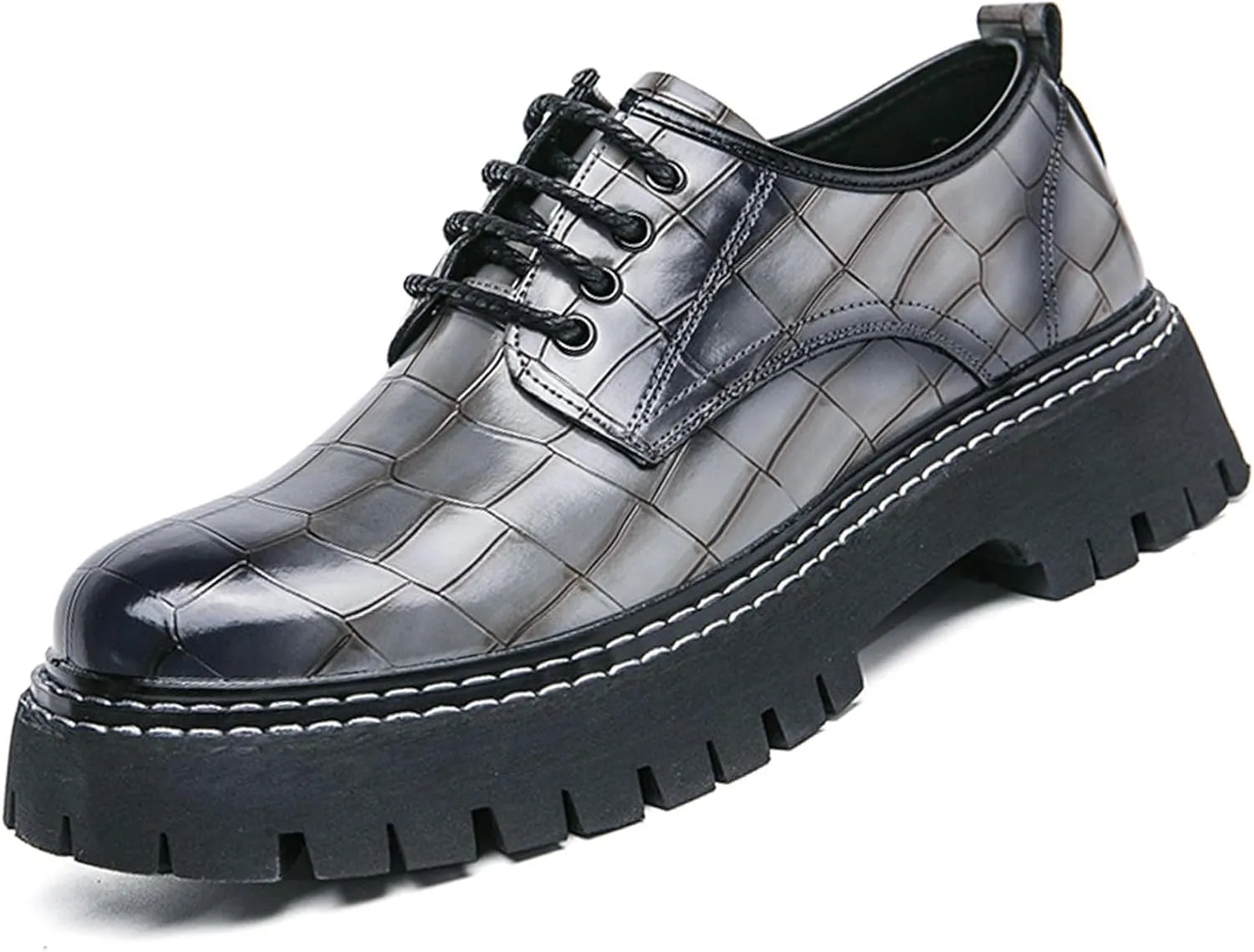 Men's Patent Leather Platform Loafers Luxury Alligator Printed Round Toe Lug Sole Lace-up Dress Shoes for Business Party Wedding Prom