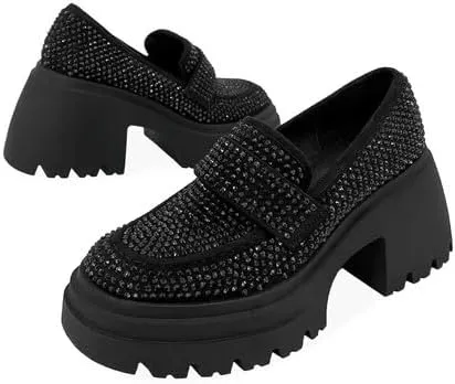 MissHeel Rhinestone Loafers for Women Slip On Platform Chunky Heels