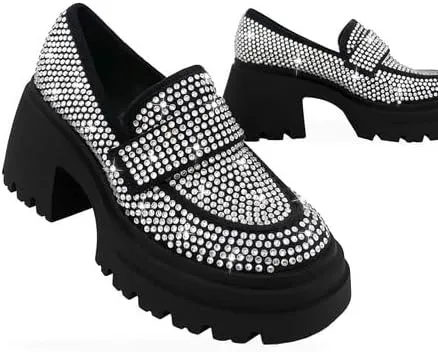 MissHeel Rhinestone Loafers for Women Slip On Platform Chunky Heels