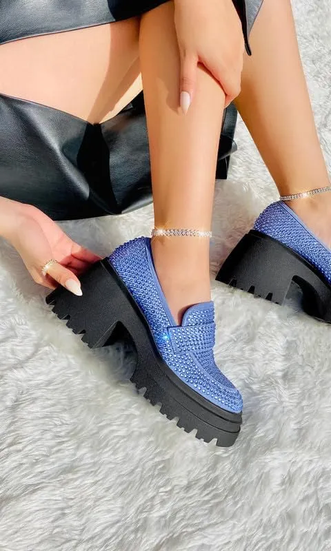 MissHeel Rhinestone Loafers for Women Slip On Platform Chunky Heels
