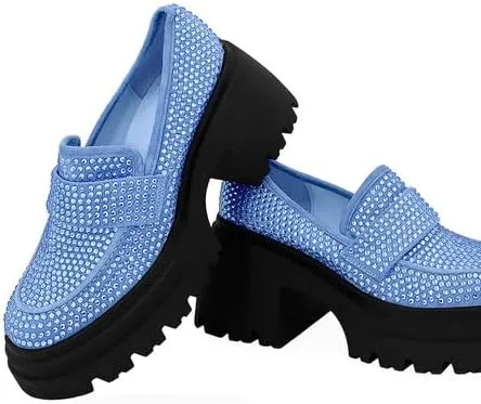 MissHeel Rhinestone Loafers for Women Slip On Platform Chunky Heels