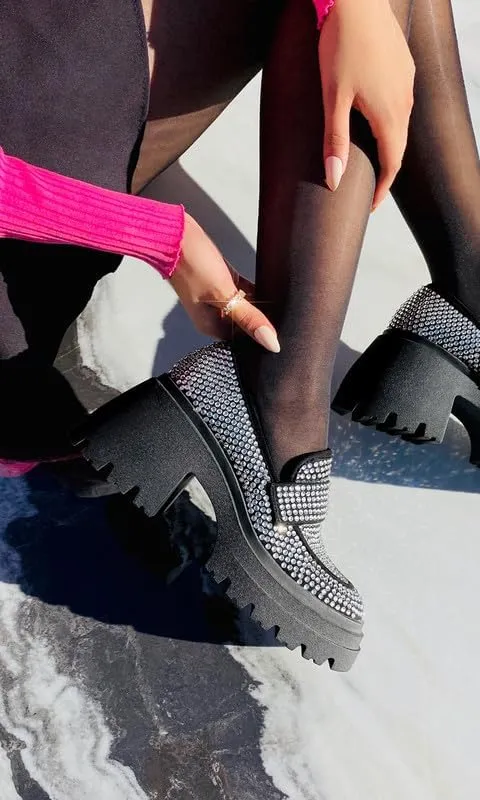 MissHeel Rhinestone Loafers for Women Slip On Platform Chunky Heels