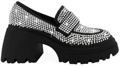 MissHeel Rhinestone Loafers for Women Slip On Platform Chunky Heels