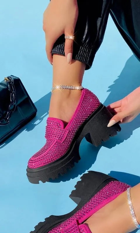 MissHeel Rhinestone Loafers for Women Slip On Platform Chunky Heels