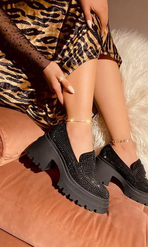 MissHeel Rhinestone Loafers for Women Slip On Platform Chunky Heels