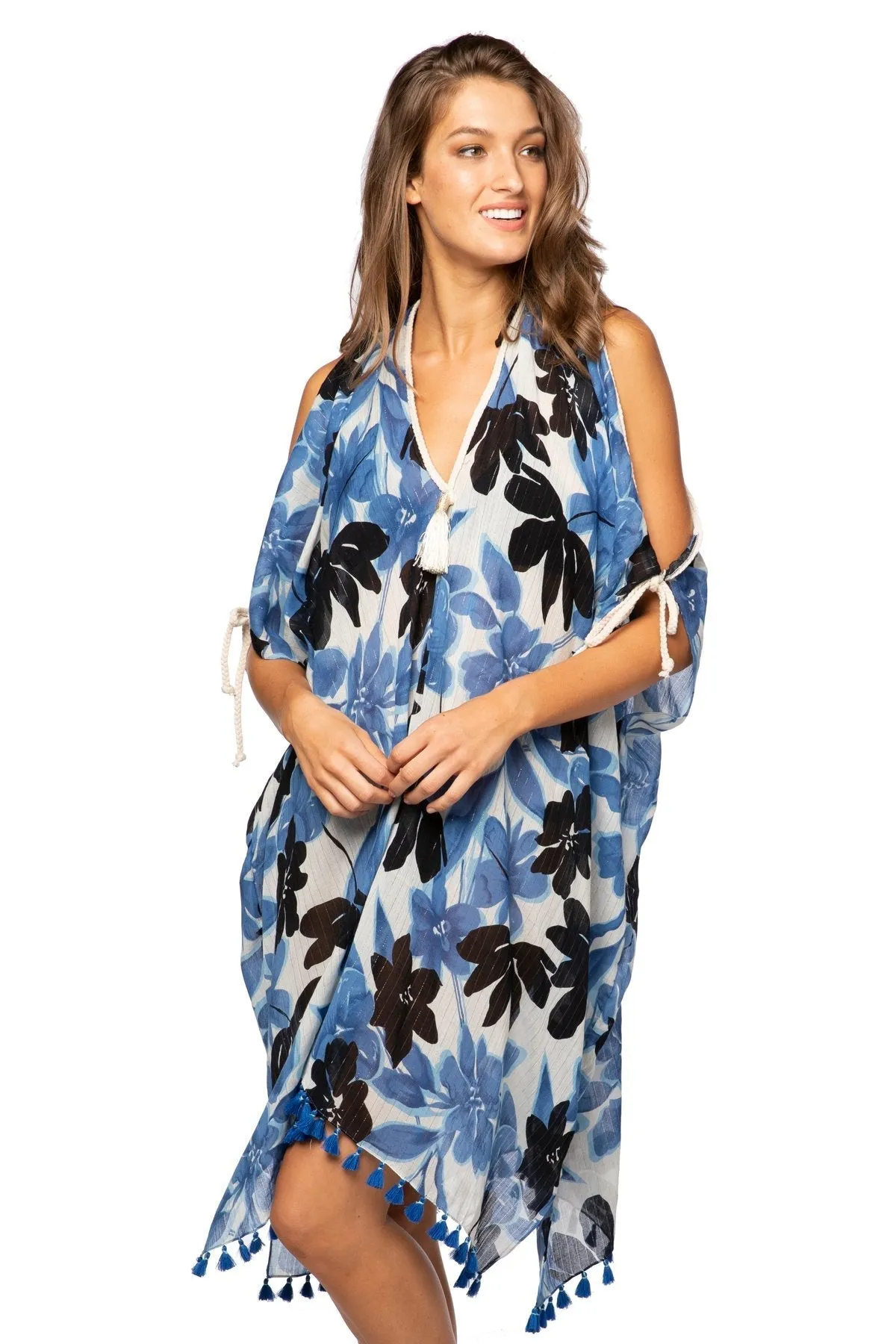 Open Shoulder Dress in Blue Blossom Print