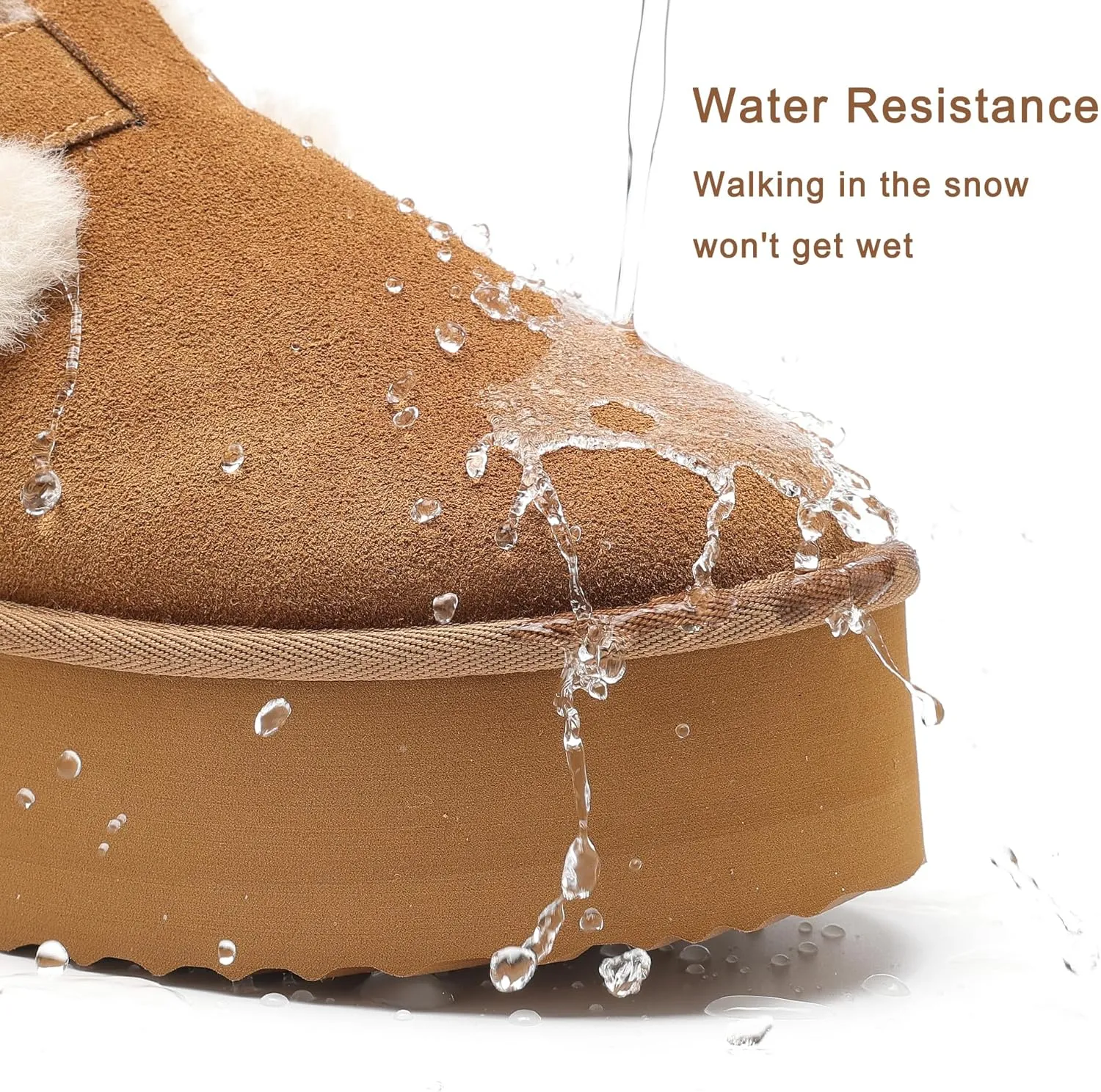 Platform Snow Boots for Women Genuine Suede Water Resistant Winter Warm Cozy Fur Fleece Lined with Adjustable Buckle Short Ankle Fuzzy Boot