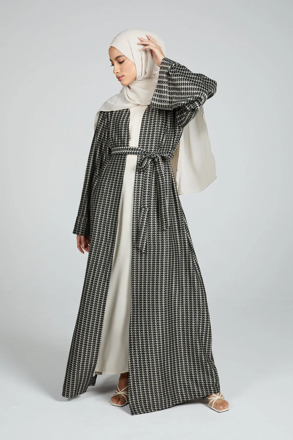 Printed Open Abaya Coat - Subtle Green