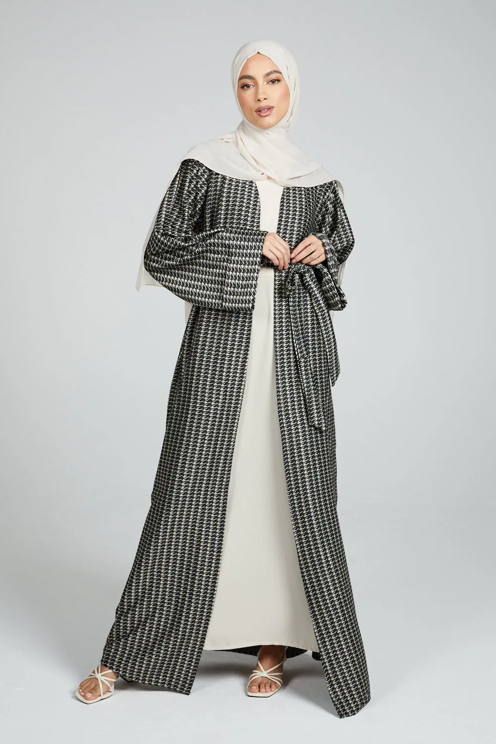 Printed Open Abaya Coat - Subtle Green