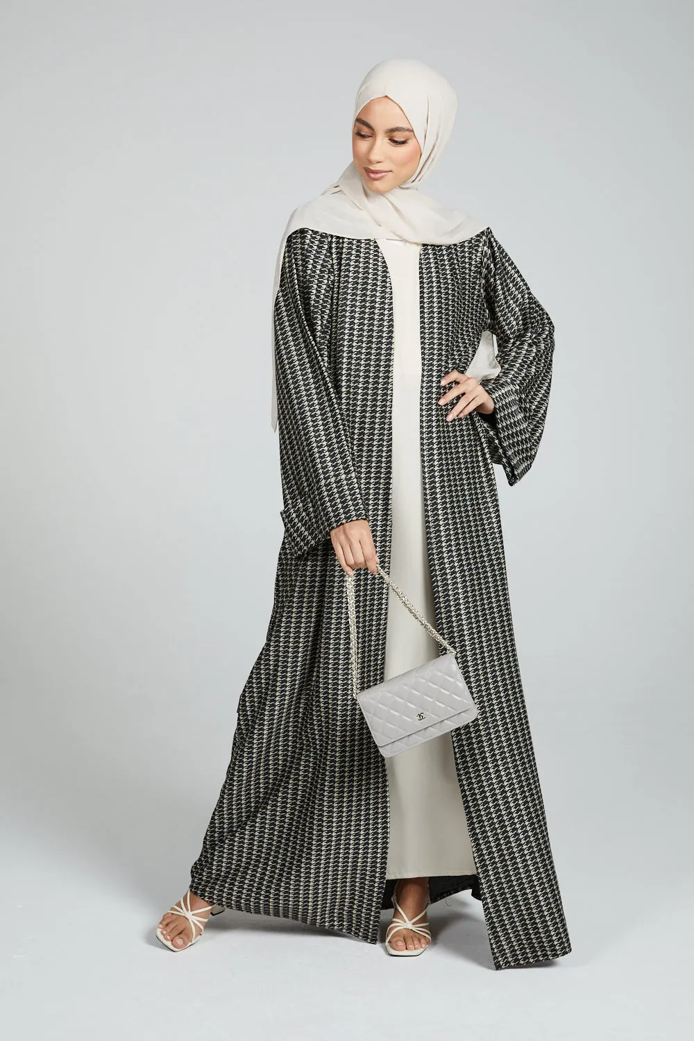 Printed Open Abaya Coat - Subtle Green
