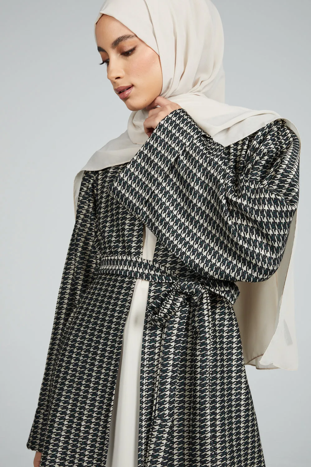 Printed Open Abaya Coat - Subtle Green