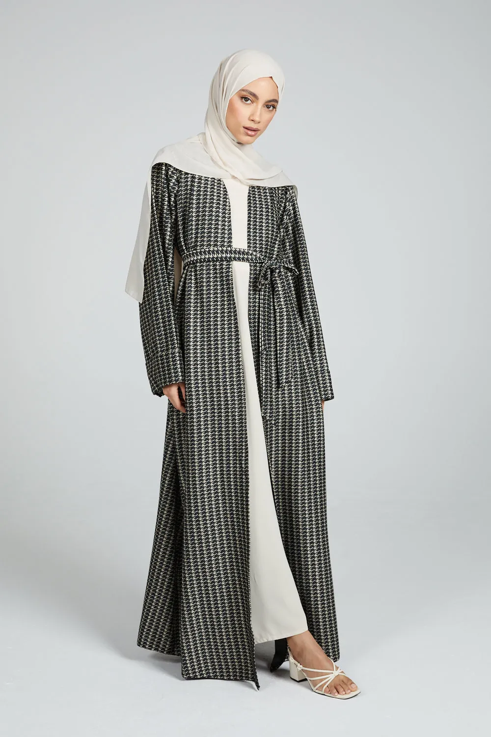 Printed Open Abaya Coat - Subtle Green