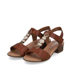 Remonte Brown Leather Decorative T-Bar Velcro Strap Open Toe Block Heel Sandal