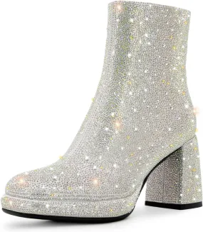 Rhinestone Boots For Women Chunky Block Heeled Sparkly Platform Ankle Booties Glitter Shoes Wedding Bride