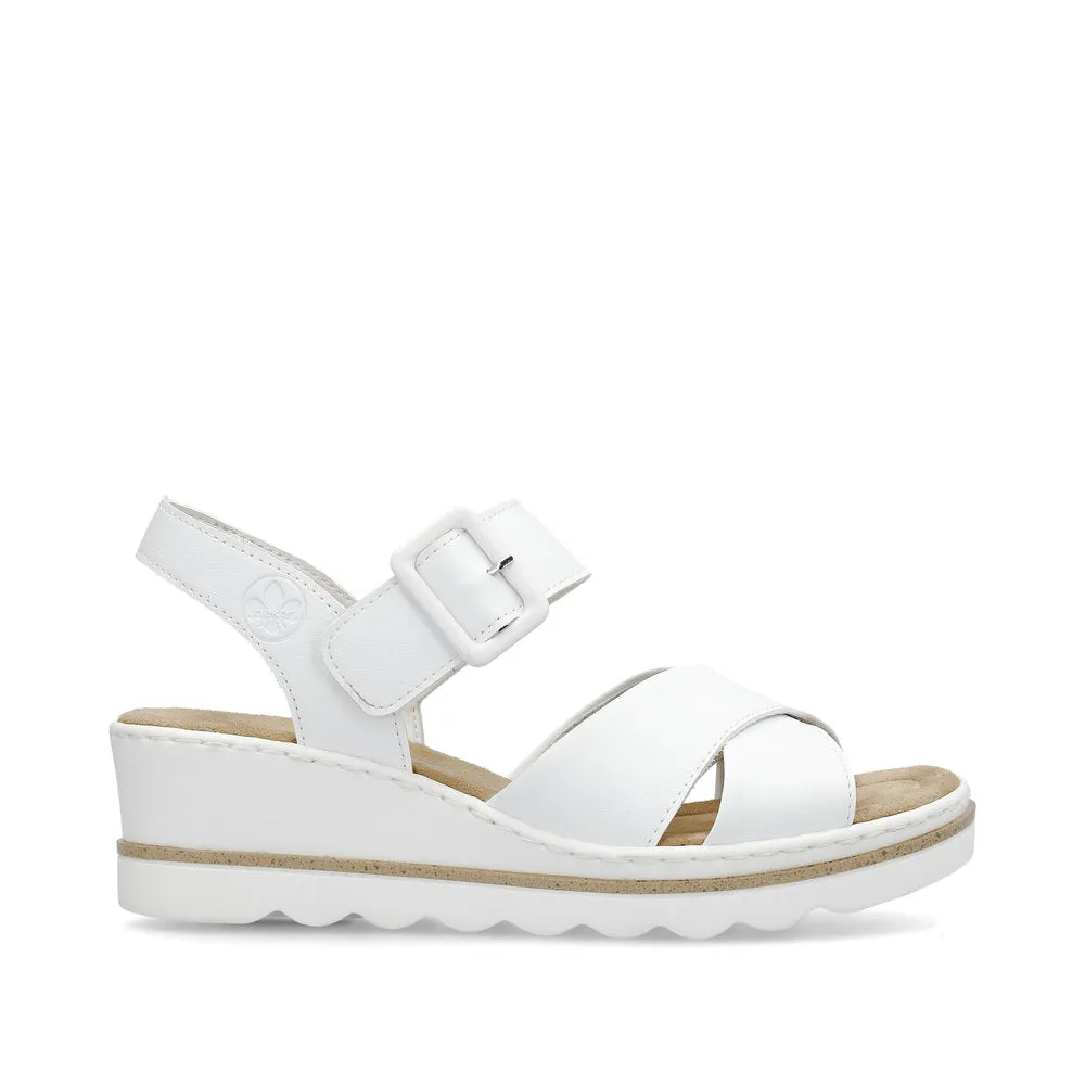Rieker 67463-80 White Womens Casual Comfort Faux Buckle Touch Fastening Slingback Wedge Sandals