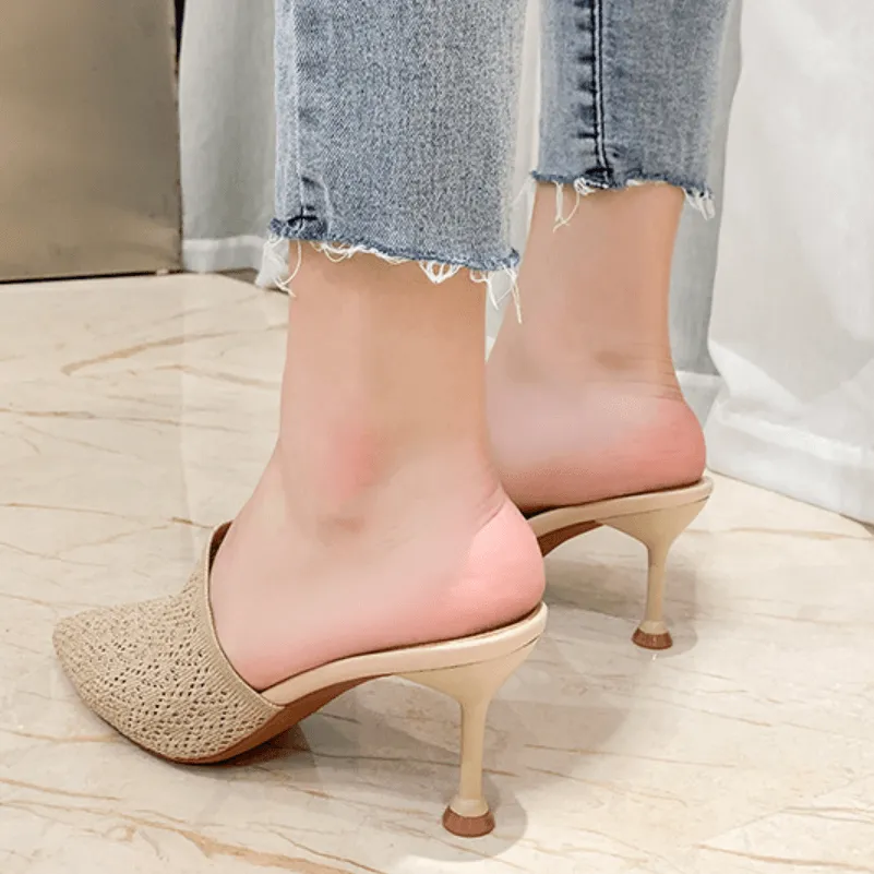 Simple Pointed Toe Kit Heel Cutout Mules Sandals