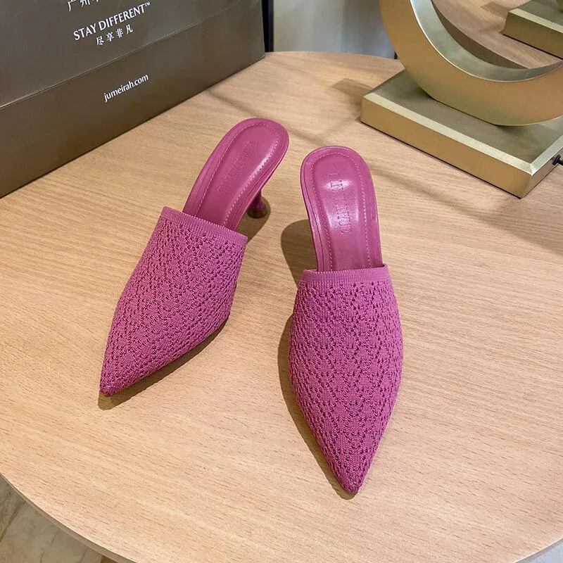 Simple Pointed Toe Kit Heel Cutout Mules Sandals