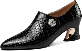 TinaCus Women's Pointed Toe Patent Leather Handmade Chunky Heels Side Zip Up Casual Loafer Shoes