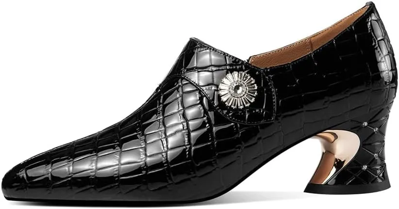 TinaCus Women's Pointed Toe Patent Leather Handmade Chunky Heels Side Zip Up Casual Loafer Shoes