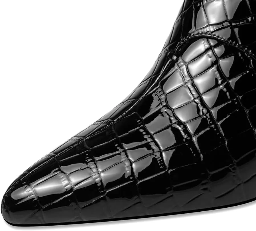 TinaCus Women's Pointed Toe Patent Leather Handmade Chunky Heels Side Zip Up Casual Loafer Shoes
