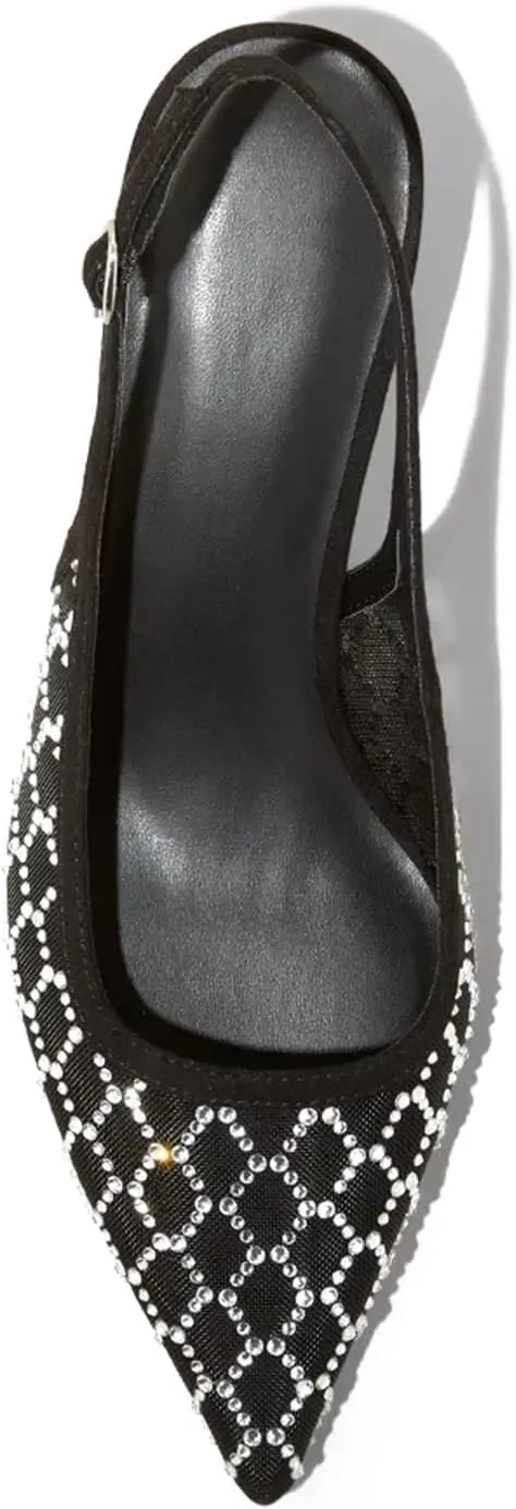 USIMAD Women's Embellished Slingback Kitten Heels with Pointy Toe Mesh Upper Rhinestone Studed