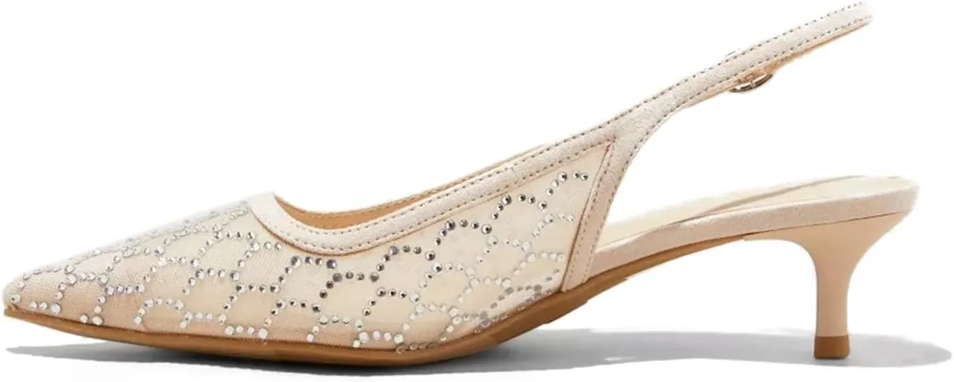 USIMAD Women's Embellished Slingback Kitten Heels with Pointy Toe Mesh Upper Rhinestone Studed