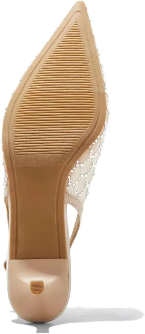 USIMAD Women's Embellished Slingback Kitten Heels with Pointy Toe Mesh Upper Rhinestone Studed