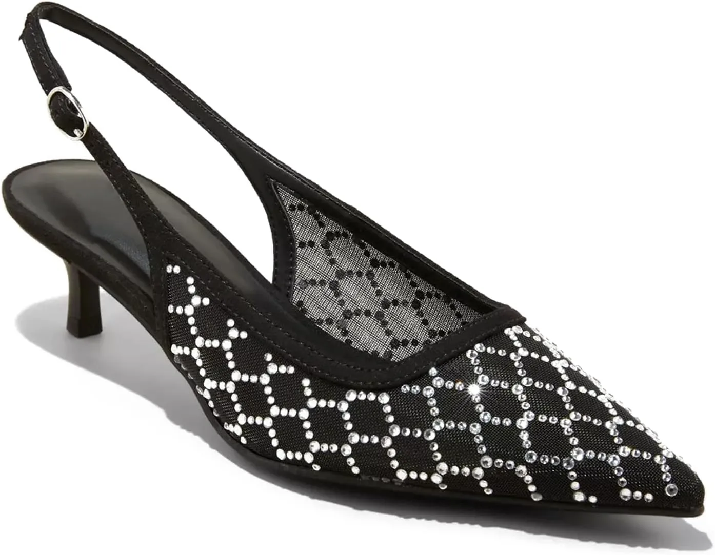 USIMAD Women's Embellished Slingback Kitten Heels with Pointy Toe Mesh Upper Rhinestone Studed