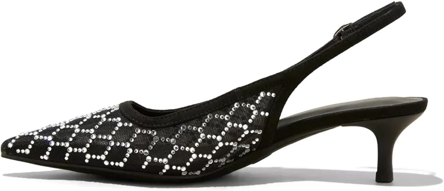 USIMAD Women's Embellished Slingback Kitten Heels with Pointy Toe Mesh Upper Rhinestone Studed
